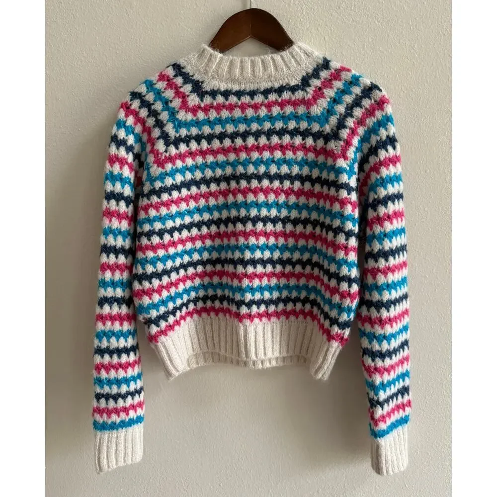 Zara NWT Chunky White Blue Pink Striped Knit Crewneck Pullover Sweater Medium - Picture 6 of 16